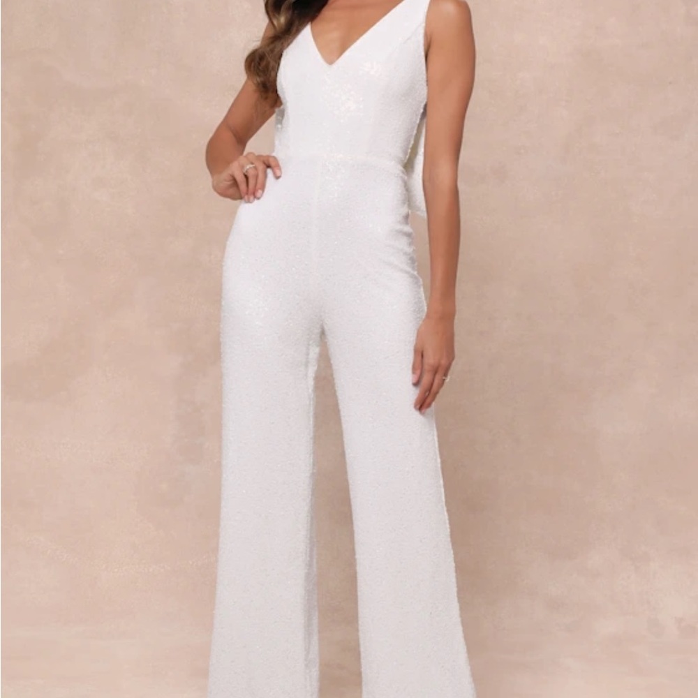 White Sequin Jumpsuit with bow